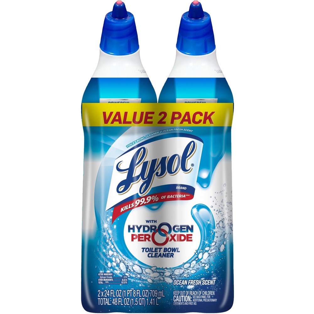 RAC96084 - Clean, sanitize, disinfect and enhance your guests' experience using Lysol Toilet Bowl Cleaner with Hydrogen Peroxide. Effective formula powers through tough toilet stains such as limescale and rust, leaving the bowl clean and sanitized and cleaning crews satisfied. Angle-neck bottle easily reaches tough stains in tricky areas. Formula kills 99.9 percent of bacteria, including Staphylococcus aureus and Enterobacter aerogenes, when used as directed on hard, nonporous surfaces. Deliver a positive restroom experience at your facility without the harshness of bleach.