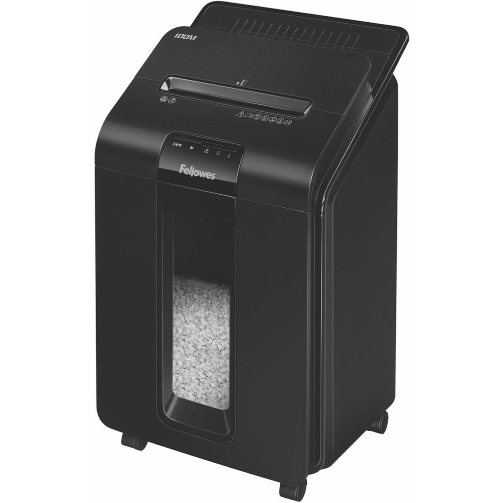 FEL4629001 - AutoMax 100M Auto Feed Shredder offers a truly walk-away shredding experience, automatically shredding a stack of 100 sheets of paper with wrinkles, staples and even paper clips. Simply load the drawer, press start and walk away for automatic shredding for personal use and enhanced productivity. Shredder manually shreds 10 sheets. Thanks to the AccuFeed System, it can shred full stacks of paper into 4mm x 10mm Micro-cut particles (Security Level P-4). SmartLock engages with each shred cycle to protect confidential information. Auto Reverse stops and reverses paper if a jam occurs. SilentShred offers ultra-quiet performance for shared work spaces. Energy-saving Sleep Mode feature shuts down the shredder after 2 minutes of inactivity. Innovative touch-screen technology with backlit LEDs offers an easy way to navigate the controls. AutoMax 100M shreds also shreds credit cards and features a 6-gallon pullout bin. Maximum runtime is 15 minutes with a 35-minute cooldown. More from the Manufacturer