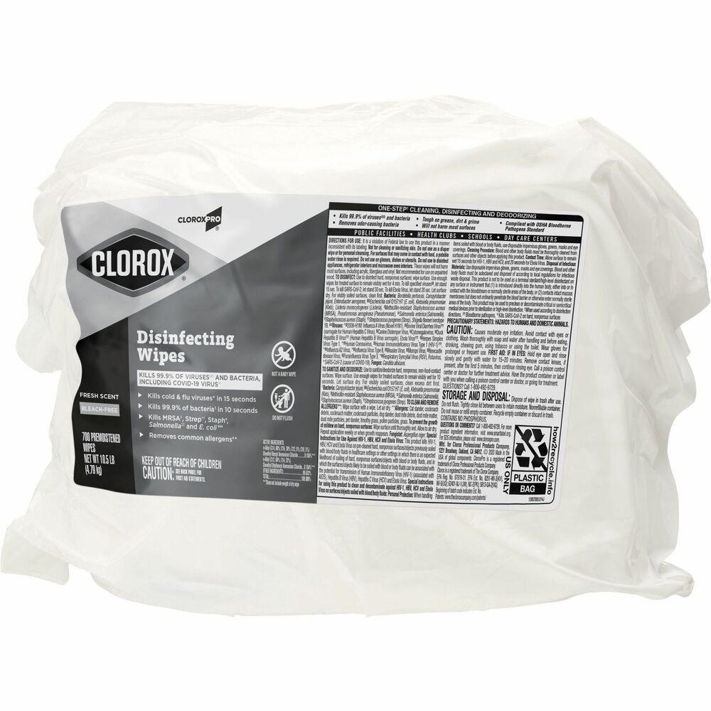 CLO31428 - For smooth-running working environments, use Clorox Disinfecting Wipes. EPA-registered construction kills 99.9 percent of germs on surfaces including 10-second sanitization claims against bacteria - three times faster than before. Wipes disinfect surfaces from a variety of microorganisms including cold and flu viruses, MRSA, Staph, E. coli, Strep, Salmonella and the organism that causes whooping cough. They also meet EPA criteria for use against SARS-CoV-2, the virus that causes COVID-19, on nonporous surfaces. Disinfecting wipes remove common allergens including pet dander, pollen particles and grass. Using Clorox Disinfecting Wipes is a quick, easy way to clean and disinfect high-touch, germ hot spots, such as doorknobs, handrails, faucets, phones, keyboards, mice and a variety of other hard, nonporous surfaces.