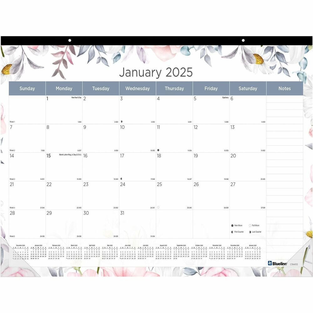 Blueline Passion Floral Desk Pad Calendar Julian Dates Monthly 12