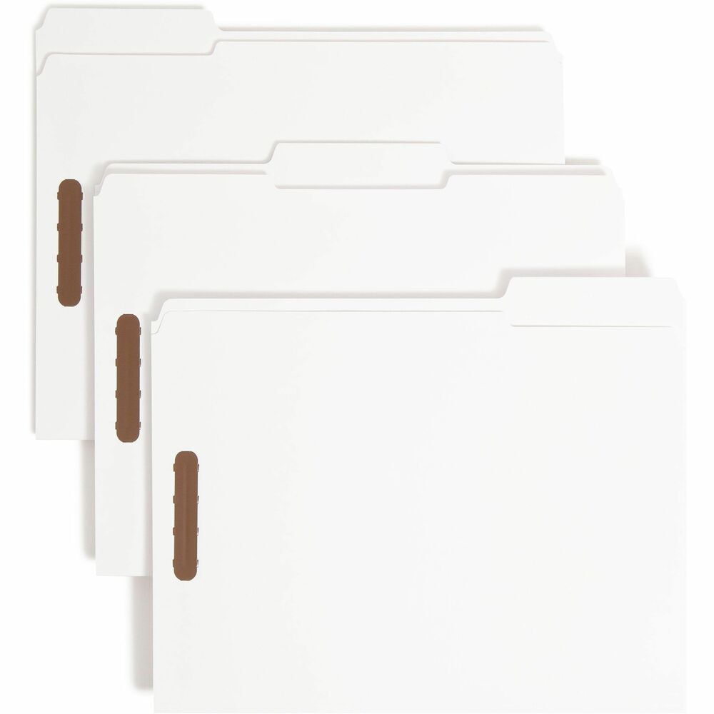 SMD12840 - Used by attorneys, bankers or salespeople to keep meeting notes and written drafts, these durable top-tab folders with 2" prong, K-style fasteners speed filing and retrieval. Two fasteners per folder provide two separate filing surfaces. Keep meeting notes on one side and written drafts on the other. Letter-size folders feature 1/3-cut assorted tabs and are scored for 3/4" expansion. Reinforced tab is 1/2" high. Each folder is made from 11 point stock.