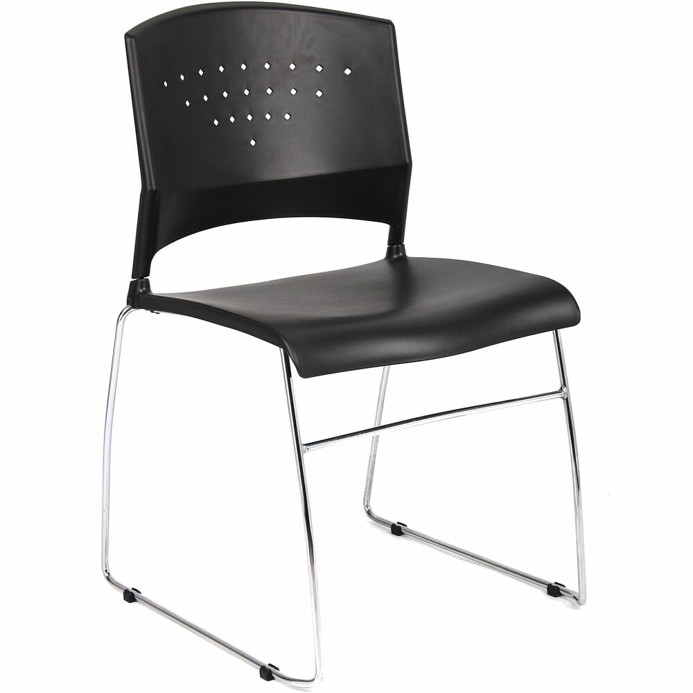 BOPB1400BK1 - Stylish, black, Stack Chair offers superior durability and lumbar support. Polypropylene chair features a solid, chrome frame and sculpted back with an integrated opening for enhanced mobility and stacking. Stack up to 16 chairs on Boss D100 Dolly (not included) or five on the floor to save storage space. Boss Ganging Clamps (not included) are available to attach multiple units together at the bottom of the leg.