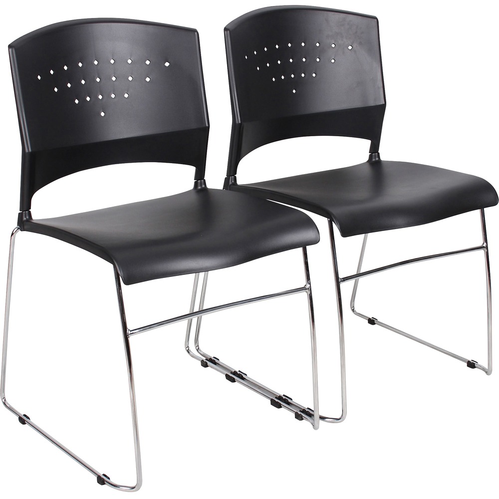 BOPB1400BK2 - Stylish, black, Stack Chairs offer superior durability and lumbar support. Polypropylene Chairs feature solid, chrome frames and sculpted backs with an integrated opening for enhanced mobility and stacking. Stack up to 16 chairs on Boss D100 Dolly (not included) or five on the floor to save storage space. Boss Ganging Clamps (not included) are available to attach multiple units together at the bottom of the leg.