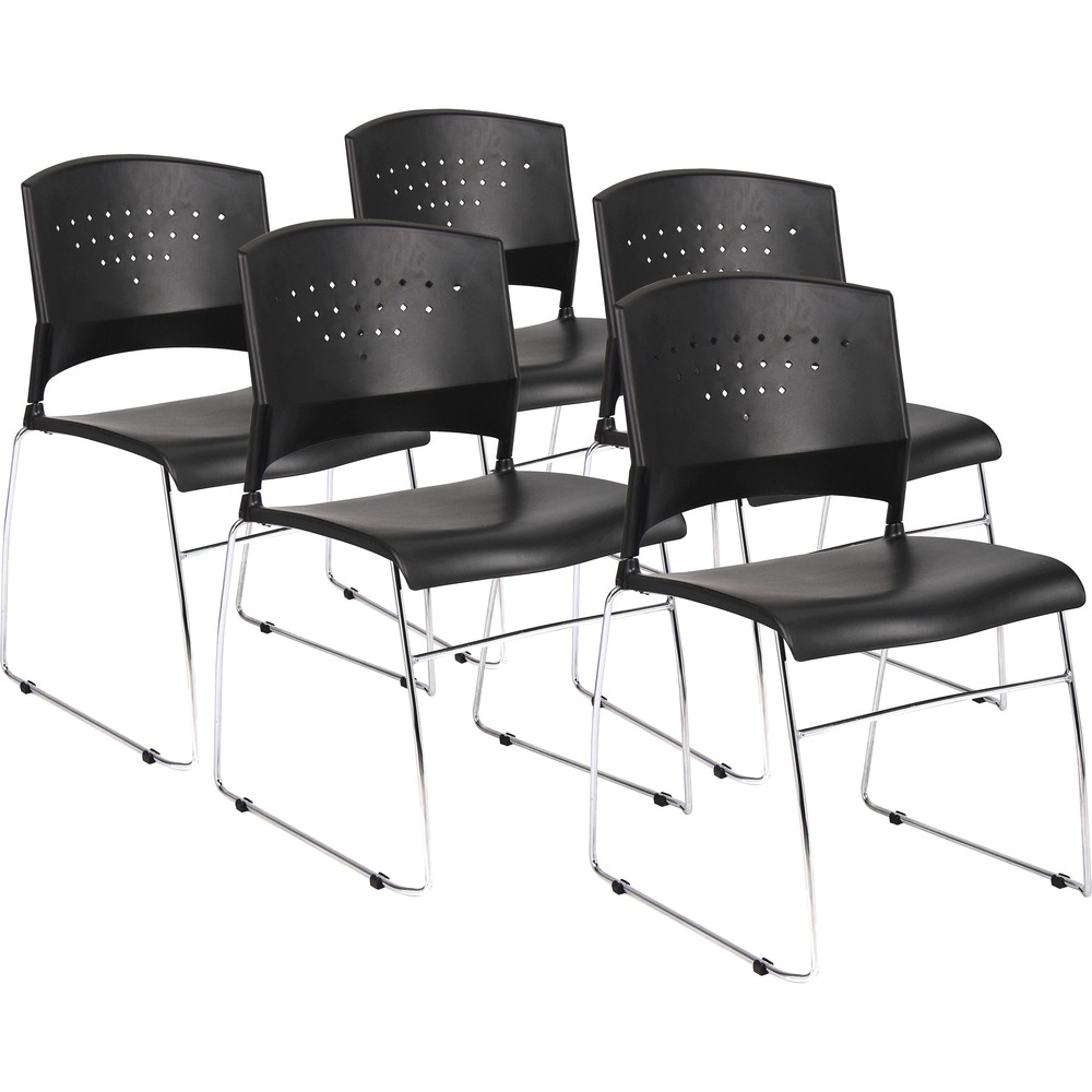 BOPB1400BK5 - Stylish, black, Stack Chairs offer superior durability and lumbar support. Polypropylene Chairs feature solid, chrome frames and sculpted backs with an integrated opening for enhanced mobility and stacking. Stack up to 16 chairs on Boss D100 Dolly (not included) or five on the floor to save storage space. Boss Ganging Clamps (not included) are available to attach multiple units together at the bottom of the leg.