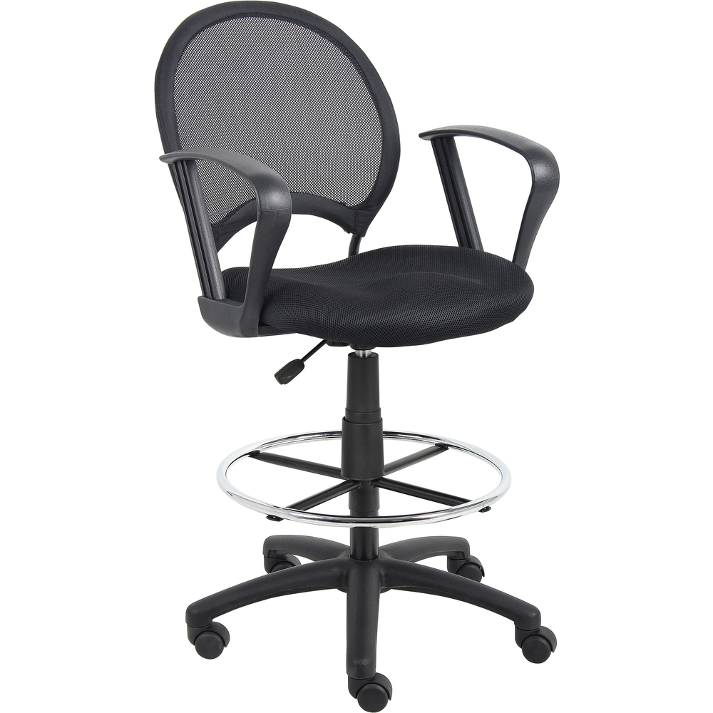 BOPB16217 - Drafting Stool with loop arms features breathable, mesh fabric to keep you cool and comfortable during extended work periods. Seat with solid metal frame and ballistic nylon wrap provides a stable backrest. Pneumatic gas lift adjusts height to suit your comfort and work environment. The 20" chrome footring provides added foot and leg support. The 25" nylon base adds stability by spreading weight over a larger surface area. Hooded, double-wheel casters make it easy to move and shift directions. Loop arms create comfortable, natural armrests.