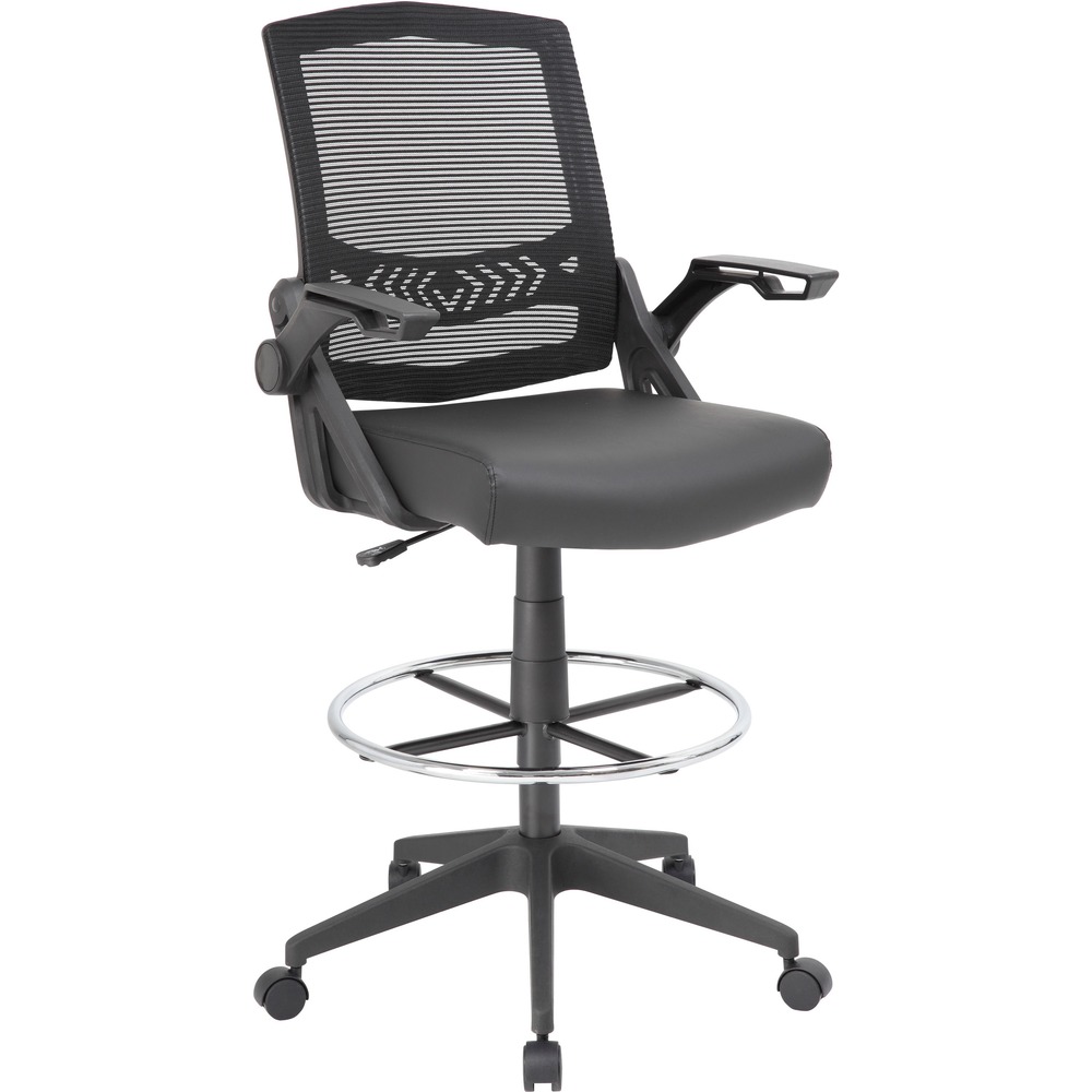 BOPB16223BK - Drafting stool with a footring features a luxurious seat and breathable mesh back to help distribute weight evenly and provide back support by conforming to your unique back shape. Pneumatic gas-lift mechanism allows you to quickly adjust your height to accommodate any work area. Adjustable, flip arms provide maximum comfort and flip up when they're not needed. Dual-wheel casters roll smoothly for effortless movements. Drafting stool is designed to support up to 275 lb.