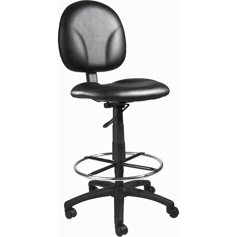BOPB1690CS - Drafting Stool with antimicrobial vinyl features a contoured back and seat to help relieve back strain and provides lumbar support for extended periods. Pneumatic gas lift adjusts height to suit your comfort and work environment. The 20" diameter, chrome footring adds leg and foot support. Hooded, double-wheel casters make it easy to move and shift directions.