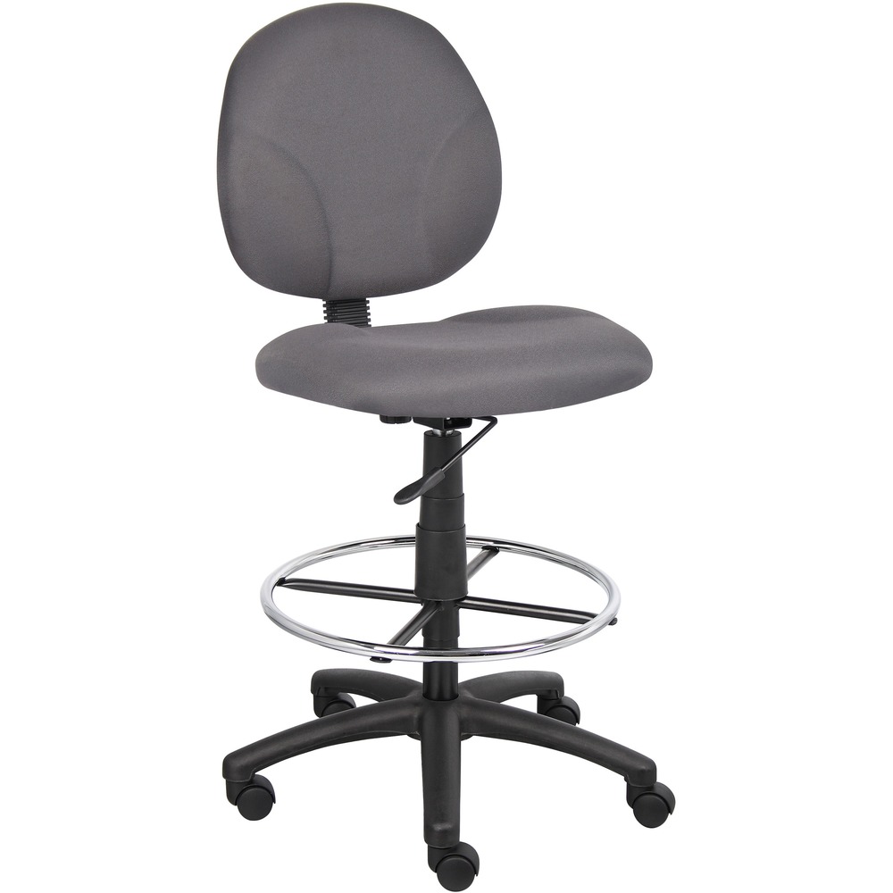 BOPB1690GY - Drafting Stool with foot rest features a contoured back and seat to help relieve back strain and provides lumbar support for extended periods. Pneumatic gas lift adjusts height to suit your comfort and work environment. The 20" diameter, chrome footring adds leg and foot support. Hooded, double-wheel casters make it easy to move and shift directions.