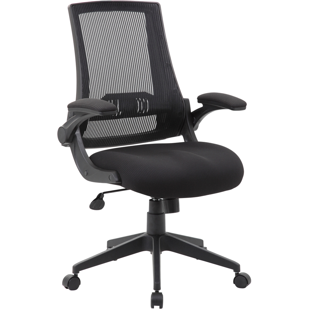 BOPB6776BK - Task Chair with flip arms lets you push the arms out of the way when you're not using them. Adjust height using pneumatic gas lift. Breathable, mesh back enhances airflow for optimal comfort. Chair features spring tilt mechanism, tilt tension and upright lock. 27" nylon base provides stability while 2" hooded, double-wheel casters enhance mobility. Maximum weight capacity is 275 lb.