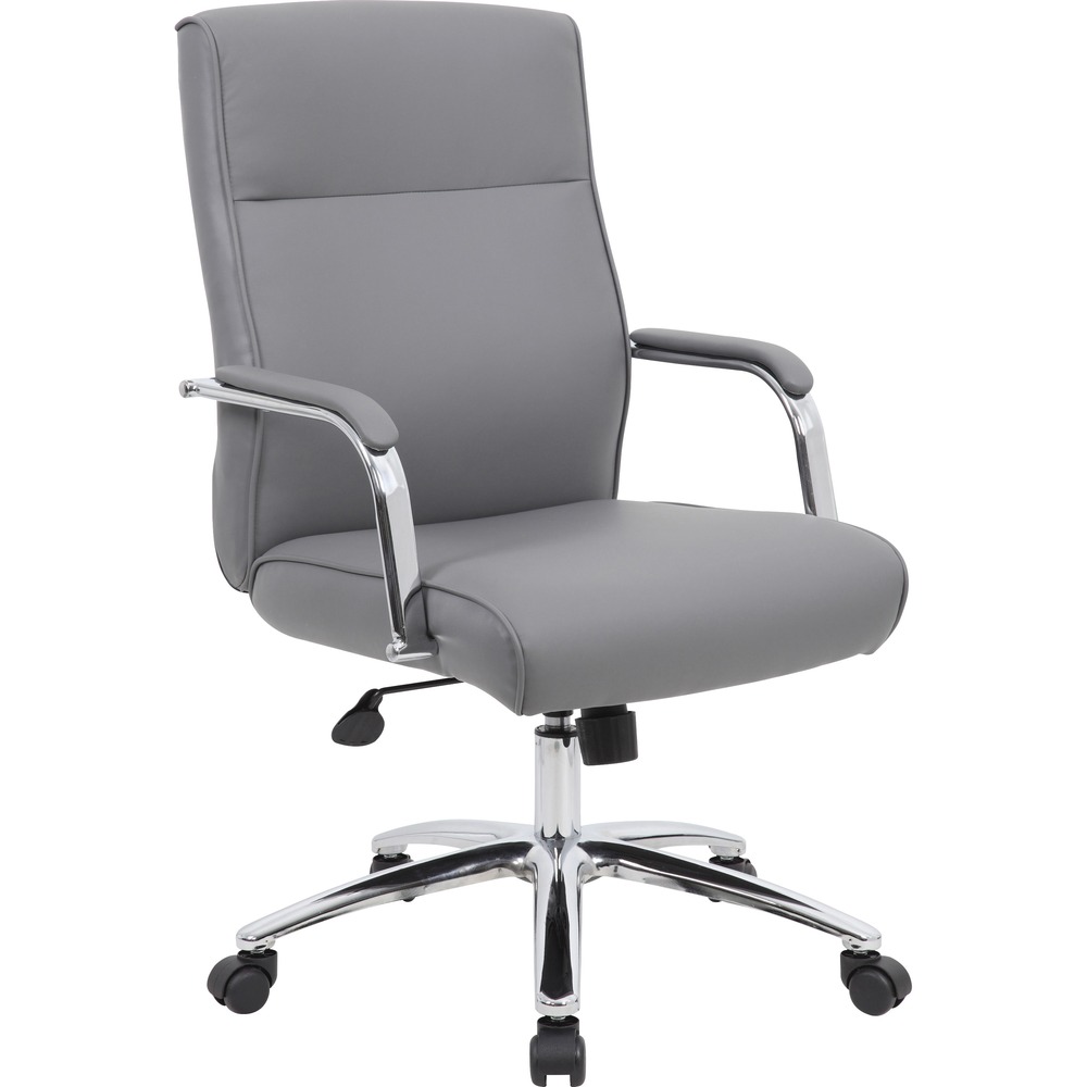 BOPB696CGY - The Modern Executive Conference Chair features CaressoftPlus upholstery to give you an ultra-soft seat that's both breathable and durable. This trademarked vinyl looks and feels like leather yet cleans easily with just a damp cloth. Spring-tilt mechanism allows you to change the angle of the entire seat relative to the floor and to transfer some of your upper body weight to the backrest of the chair. The 27" chrome base offers extra stability to the chair by spreading the load over a larger surface area to help prevent tipping. Pneumatic gas lift allows easy seat-height adjustments to help you find the personalized sitting style that suits you and your work environment. Padded, stationary loop arms are ergonomically shaped for comfort and extended use. Hooded, double-wheel casters slide smoothly on floors to make it easy to move and shift directions. Executive chair supports up to 275 lb.