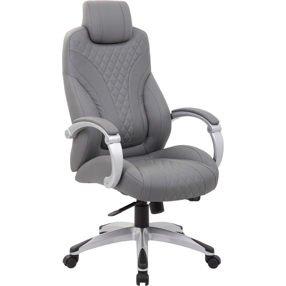 BOPB8871GY - Executive Chair with hinged arms is beautifully upholstered in Caressoft for the kind of comfort and durability required for a long day at the office. It features a designer, stitched back cushion and pivoting hinge arms that allow the seat and back to move independently in tandem with the two-to-one synchro-tilt mechanism and adjustable tilt tension control. Seat tilt locks in any position within the tilt range for a truly personalized seating experience.