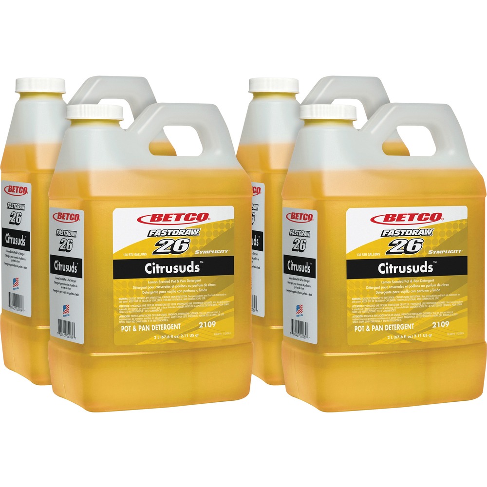 BET21094700CT - Heavy-duty detergent is specifically designed for restaurant, institutional and industrial use where long-lasting suds and easy removal of grease are a must. It is ideal for cleaning pots, pans and dishes. This lemon-scented detergent works quickly and leaves surfaces spot-free and film-free. Symplicity Citrusuds is made from the best surfactants and rinses quickly and easily. It is effective on grease and fat yet mild on the hands. As part of the FastDraw system, it is numbered (FastDraw 26) and color-coded to eliminate misuse. NAFTA trilingual labels are suited to a multicultural workforce. Spill-proof bottle design eliminates the potential for chemical contact with cleaning staff. Patented technology uses two metering tips for low-flow and high-flow dilution. Metering insert reduces end-use cost per gallon by delivering accurate dilutions. Curved siphon tubes on the FastDraw Dispensers (not included) allow complete product evacuation, eliminating waste.