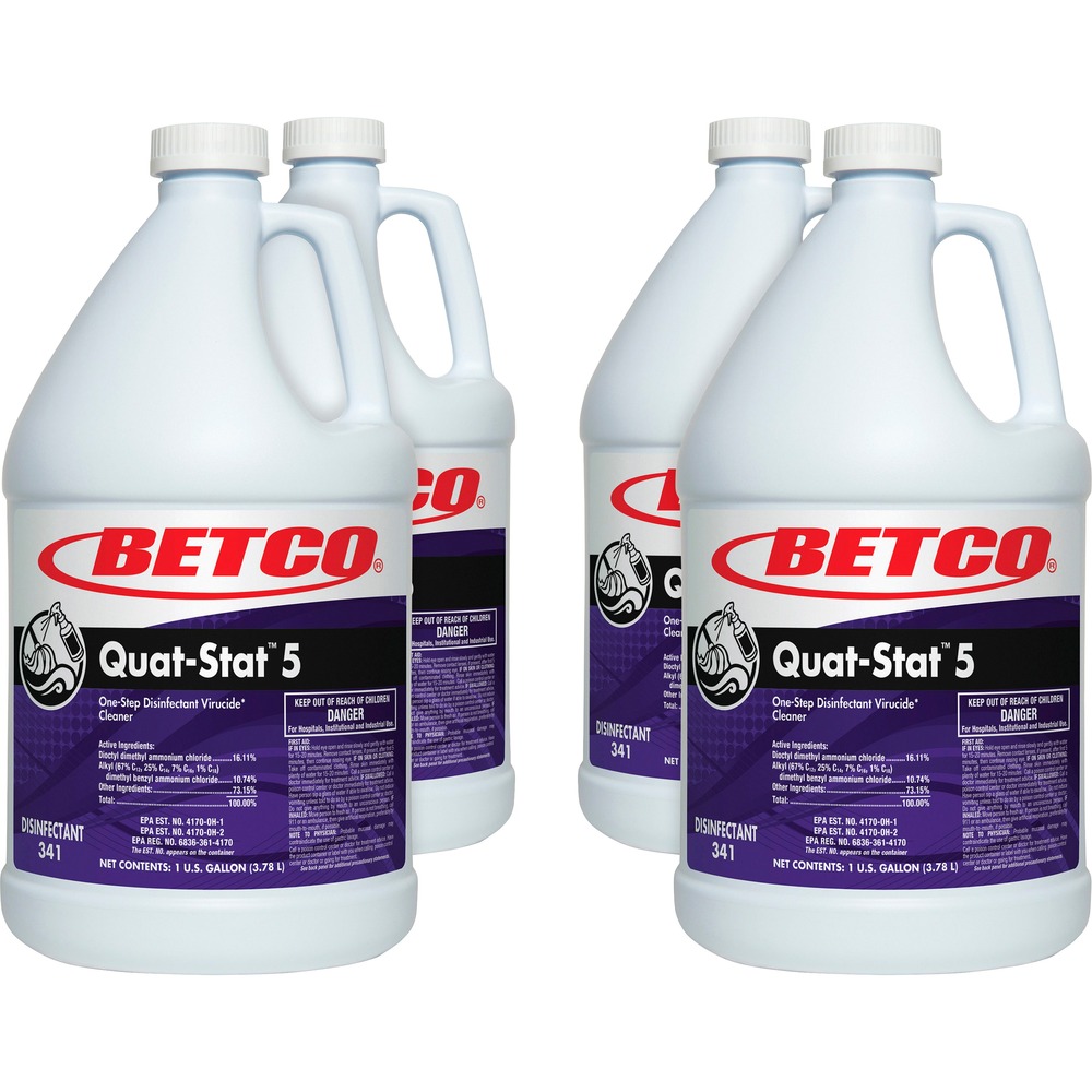 BET3410400CT - Quat-Stat 5 Disinfectant provides hospital disinfection with a contact time of only 5 minutes. This one-step registered cleaner/disinfectant offers excellent cleaning performance on a wide variety of surfaces. It cleans, disinfects and deodorizes, leaving a lavender fragrance. Concentrated alkaline disinfectant is effective against Norovirus and offers an economical dilution ratio at 0.5 oz. per gallon (1:256). Apply solution to hard, nonporous surfaces, thoroughly wetting surfaces with a cloth, mop, sponge, sprayer or by immersion. Treated surfaces must remain wet for 5 minutes. Wipe dry with a cloth, sponge or mop or allow to air-dry. For heavily soiled areas, a preliminary cleaning is required. Quat-Stat 5 can be used with auto scrubbers.