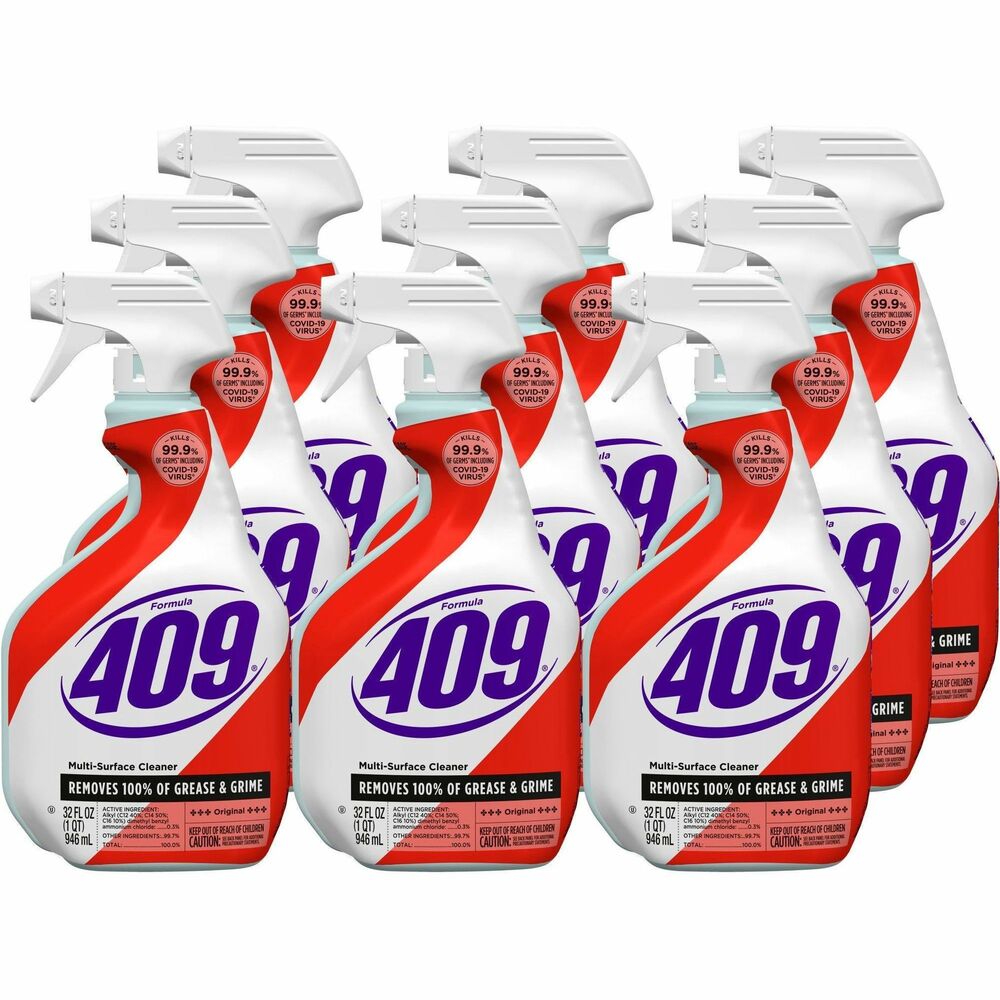 CLO31220CT - Formula 409 Multisurface Cleaner is the ultimate cleaner, degreaser and disinfectant for your home. Antibacterial formula quickly cuts through grease and grime and disinfects as you wipe, killing more than 99.9 percent of germs on hard, nonporous surfaces, including COVID-19 Virus, salmonella, E. coli, Staph, Influenza A Virus and Herpes Simplex Virus Type 2. When used as directed, this one cleaner works on many surfaces: stainless steel, synthetic marble, glazed ceramic tile, linoleum, countertops, stovetops, sinks, floors, cabinets, tubs and walls. A potable rinse is required for food-contact surfaces. No-bleach formula deodorizes as you clean, leaving a fresh scent. It works great both indoors and outdoors on a wide range of hard, nonporous surfaces.