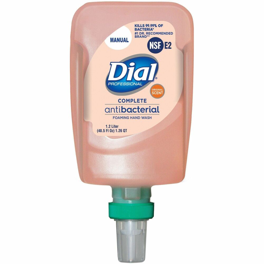 DIA16670 - Original Antibacterial Foaming Handwash kills 99.99 percent of germs encountered in away-from-home settings and is especially designed for the Dial FIT Universal Manual Dispenser. Its hypoallergenic, dermatologist-tested foam is as mild as water itself and gentle on skin. Enriched with a triple-moisturizing system, this nondrying, antibacterial formula helps condition hands. It is specially formulated for frequent handwashers. Clean Tip Technology cleans the pump tip after each use to minimize drip risk.