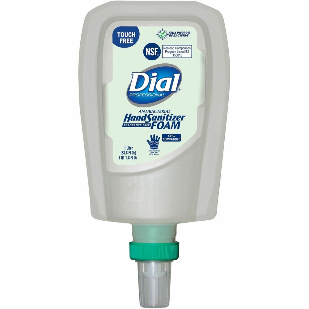 DIA16694 - Foam Hand Sanitizer Refill kills 99.999 percent of bacteria without soap and water in as little as 15 seconds. It delivers 10 times more moisturization to the skin than if left untreated. Especially designed for the Dial FIT Touch-Free Dispenser, this sanitizer provides clean, convenient, effective bacteria-kill yet is gentle on hands. Dermatologist-tested, hypoallergenic formula is fragrance-free and dye-free. It contains added moisturizers and skin conditioners to soften and smooth the hands. Clean Tip Technology cleans the pump tip after each use to minimize drip risk.