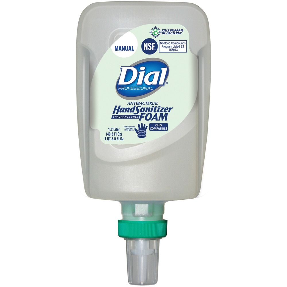 DIA19038 - Foam Hand Sanitizer Refill kills 99.999 percent of bacteria without soap and water in as little as 15 seconds. It delivers 10 times more moisturization to the skin than if left untreated. Especially designed for the Dial FIT Manual Dispenser, this sanitizer provides clean, convenient, effective bacteria-kill yet is gentle on hands. Dermatologist-tested, hypoallergenic formula is fragrance-free and dye-free. It contains added moisturizers and skin conditioners to soften and smooth the hands. Clean Tip Technology cleans the pump tip after each use to minimize drip risk.