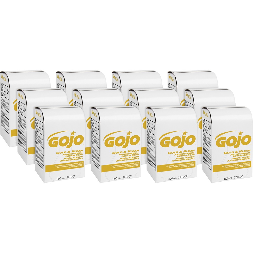 GOJ912712CT - Gold and Klean Antimicrobial Lotion Soap is designed for use in GOJO 800 ml. Bag-in-box Dispensers for general handwashing and germ-killing. Formula is effective against gram-negative and gram-positive bacteria. No-clog, no-leak valve on this disposable refill cartridge means maintenance-free dispensing system. Sanitary Sealed refill helps lock out germs.