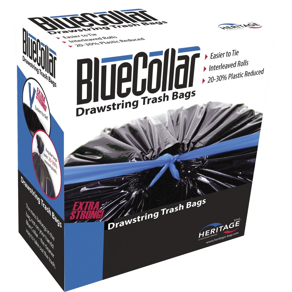 BlueCollar 30-gallon Drawstring Trash Bags - 30 gal Capacity - 34" Length x 30" Width x 1 mil (25 Micron) Thickness - Drawstring Closure - Black - Garbage - 40/Box - 6 / Carton