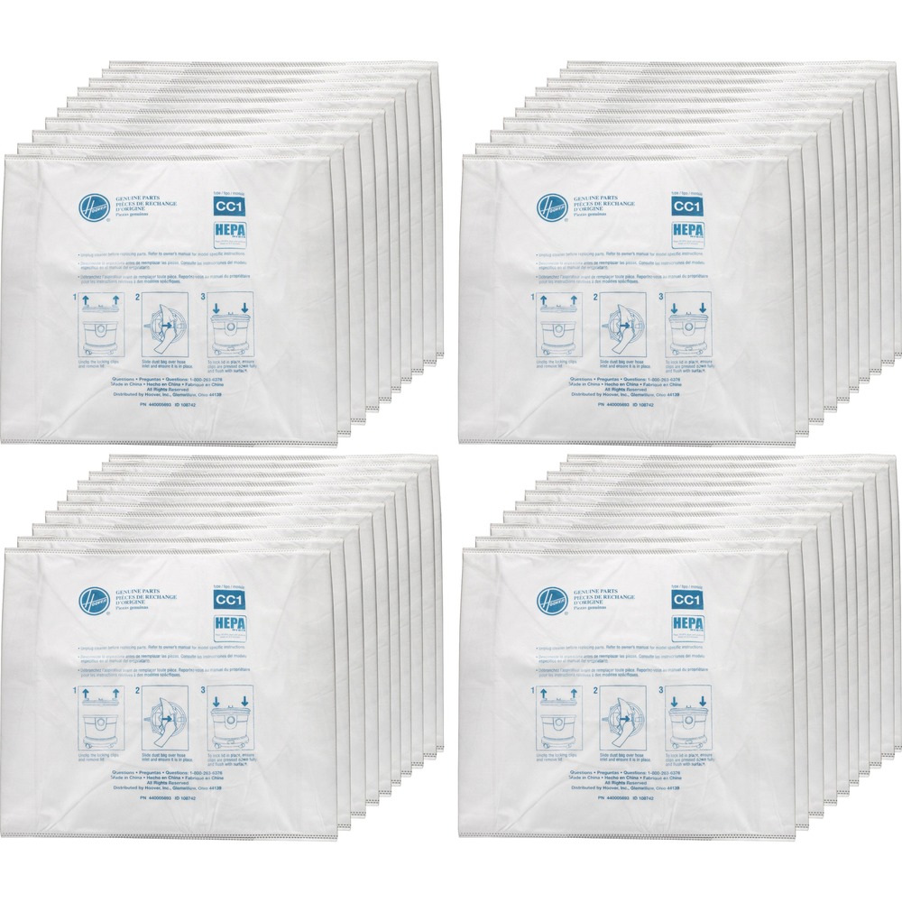 HVRAH10363CT - Type-CC1 HEPA bags trap 99.97 percent of dust and pollens down to 0.3 microns for cleaner air in your office. Easy-to-install design goes on and removes quickly for time-saving replacement. Disposable material allows you to conveniently discard filled bags for time-saving replacement. Replacement bags are designed for Hoover HushTone Vacuum Cleaners (sold separately).