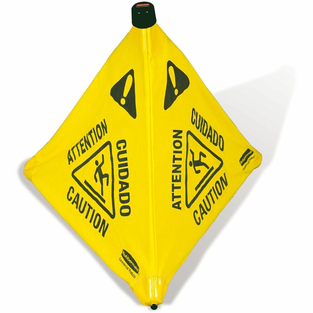 RCP9S0100YLCT - Pop-up safety cone automatically deploys and folds compactly when not in use. Three-sided, multilingual caution sign and the wet floor symbols warn passersby of danger. Top of cone offers label space for location assignment. Included, shatterproof storage tube mounts to the wall for easy, compact storing. Mounting hardware (tape and screws) is also included. Durable material withstands rough handling. Color and graphics are ANSI and OSHA compliant.