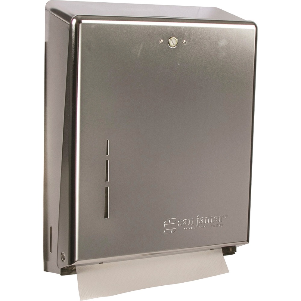 SJMT1900XCCT - C-Fold/multifold towel dispenser lets you choose which folded towel to use without any adjustments. Touchless design eliminates contact with the surface to minimize the contamination of germs onto the hands of users. Large-capacity dispenser holds 300 C-fold towels or 500 multifold towels to reduce maintenance costs. Stainless steel construction uses a standard keylock to prevent towel theft.