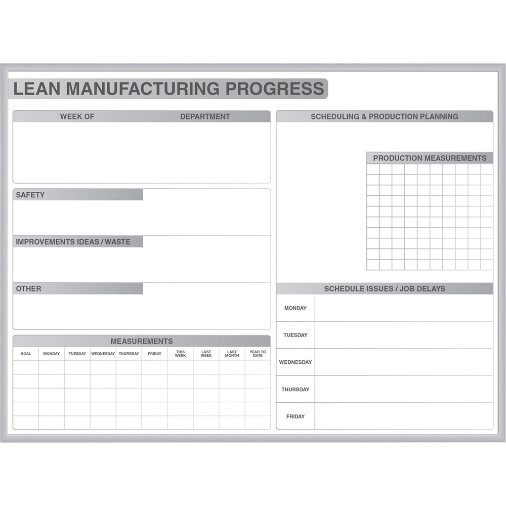 GHEGRPM302M34 - Manufacturing Dry Erase Board is visually enhanced to encourage communication and collaboration while minimizing waste and maximizing production. Use boards anywhere in your manufacturing facility for tracking LEAN initiatives. Board graphics are specially designed to encourage communication between employees and managers by providing an easy way to exchange information. Whiteboard is easy to erase, allowing you to update information throughout the day. Board comes in a sleek, aluminum frame and includes a detached SmartPak tray. Graphics in gray seamlessly match any interior and will never stain, ghost or fade.