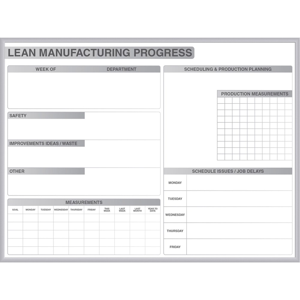 GHEGRPM302M48 - Manufacturing Dry Erase Board is visually enhanced to encourage communication and collaboration while minimizing waste and maximizing production. Use boards anywhere in your manufacturing facility for tracking LEAN initiatives. Board graphics are specially designed to encourage communication between employees and managers by providing an easy way to exchange information. Whiteboard is easy to erase, allowing you to update information throughout the day. Board comes in a sleek, aluminum frame and includes a detached SmartPak tray. Graphics in gray seamlessly match any interior and will never stain, ghost or fade. Board includes a marker and eraser.