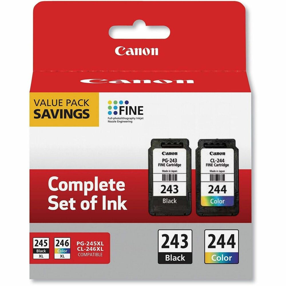 CNM1287C006 - This Canon Genuine Ink Value Pack includes PG-243 and CL-244 cartridges that deliver exceptional quality with remarkable durability. The bold, pigment-based black ink (PG-243) is ideal for printing text documents on plain paper and ensures sharp text. The dye-based color ink (CL-244) is ideal for printing photos and images. This set offers fully compatible replacements for PG-245/PG-245 XL black ink cartridges and CL-246/CL246XL color ink cartridges. Genuine Canon inks provide peak performance that is specifically designed for compatible Canon printers.