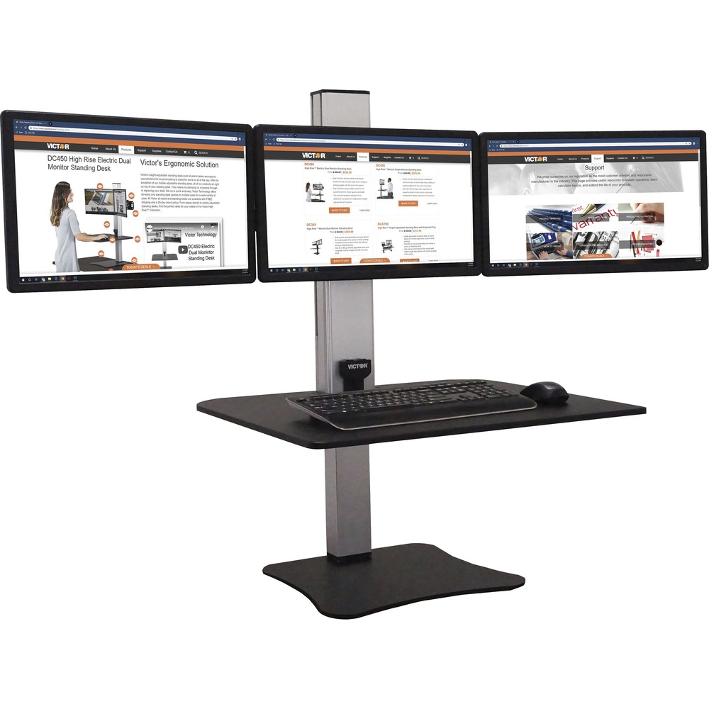 VCTDC475 - High Rise Electric Triple Monitor Standing Desk transforms any sit-down desk or table into a sitting or standing desk. It supports three monitors up to 23" wide and up to 12.5 lb. each. The 28" wide x 23" deep surface can be raised up to 20" above your desktop for ergonomic placement of monitor, keyboard and mouse while standing. Electric motor allows easy custom height adjustment with the push of a button. Easy Tap Technology makes operation quick and simple. Triple-monitor holder also adjusts in height with a range of 12-1/2". The DC475 worksurface and monitor holders can be raised to the correct ergonomic height for users up to 6'5". Safety Sensor stops movement when obstacles are detected under the desk. Sleek wood construction and a durable laminate coating provide years of use. Sturdy steel base and aluminum tower are built to last. Steel base has felt pads underneath to protect desktop surface. With no clamping or attachments of any kind, the workstation is easily repositioned.