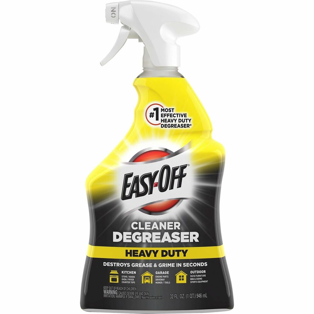 RAC99624 - Destroy grease and grime within seconds using Easy-Off Heavy-Duty Cleaner/Degreaser. Give kitchen staff and cleaning crews an effective, heavy-duty degreaser that removes baked-on greasy soil. Formula works on various surfaces, including stainless steel, chrome, concrete, polished marble, glass, ceramic and ABS polypropylene. For daily cleans, simply spray surfaces and wipe with a cloth or rinse with water. Let the formula soak before cleaning to remove tough stains. Stock commercial kitchens, garages or outdoor spaces with this versatile cleaner that also removes tough engine grease and grime. It is suitable for use on oven hoods/vents, stoves, barbeque grills, kitchen appliance exteriors, countertops and floors when used as directed.