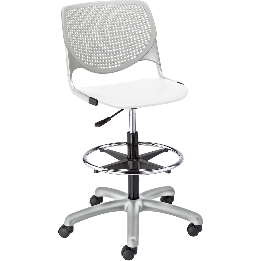 KFIDS2300B13S8 - Kool Task Stool with color-contrasting, polypropylene back and seat adds flair and comfort to any space. Ergonomic, perforated back offers an attractive design that enhances circulation and airflow. Radius conforms to your back for maximum comfort. The 12-gauge frame with 16-gauge, tubed steel provides a secure, supportive base for optimal longevity. Chair swivels 360 degrees for maximum movement. Pneumatic gas lift raises or lowers chair for optimal height options. Adjustable, chrome footring provides comfort in a relaxed position. Five-star base includes hooded, dual-wheel casters for easy mobility.