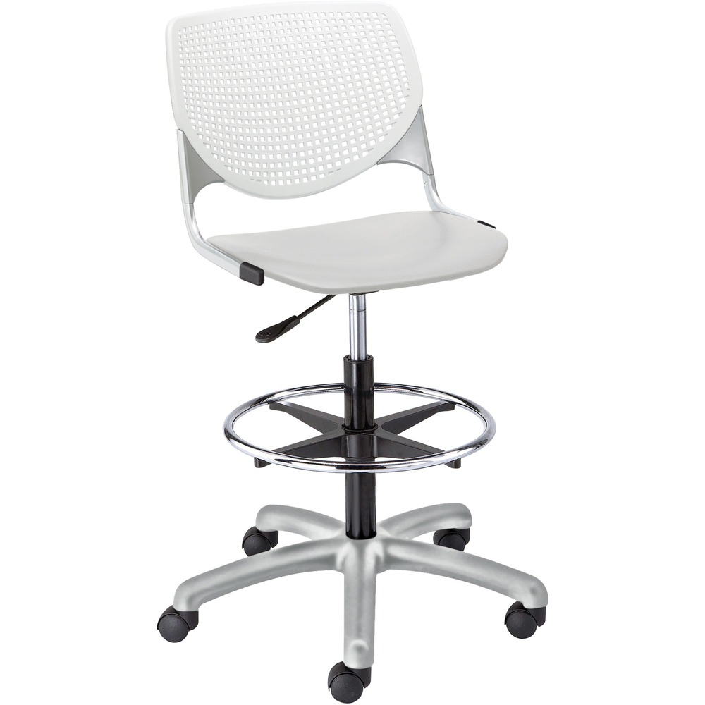 KFIDS2300B8S13 - Kool Task Stool with color-contrasting, polypropylene back and seat adds flair and comfort to any space. Ergonomic, perforated back offers an attractive design that enhances circulation and airflow. Radius conforms to your back for maximum comfort. The 12-gauge frame with 16-gauge, tubed steel provides a secure, supportive base for optimal longevity. Chair swivels 360 degrees for maximum movement. Pneumatic gas lift raises or lowers chair for optimal height options. Adjustable, chrome footring provides comfort in a relaxed position. Five-star base includes hooded, dual-wheel casters for easy mobility.