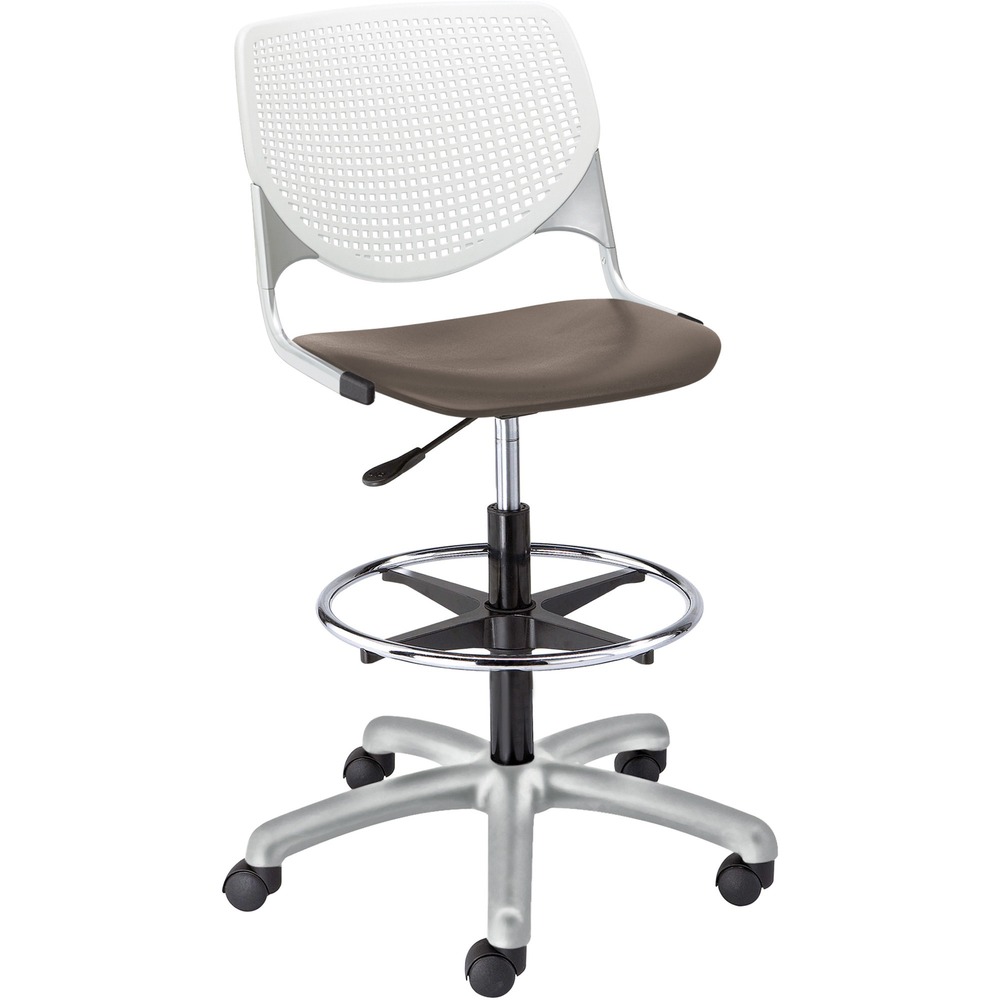 KFIDS2300B8S18 - Kool Task Stool with color-contrasting, polypropylene back and seat adds flair and comfort to any space. Ergonomic, perforated back offers an attractive design that enhances circulation and airflow. Radius conforms to your back for maximum comfort. The 12-gauge frame with 16-gauge, tubed steel provides a secure, supportive base for optimal longevity. Chair swivels 360 degrees for maximum movement. Pneumatic gas lift raises or lowers chair for optimal height options. Adjustable, chrome footring provides comfort in a relaxed position. Five-star base includes hooded, dual-wheel casters for easy mobility.