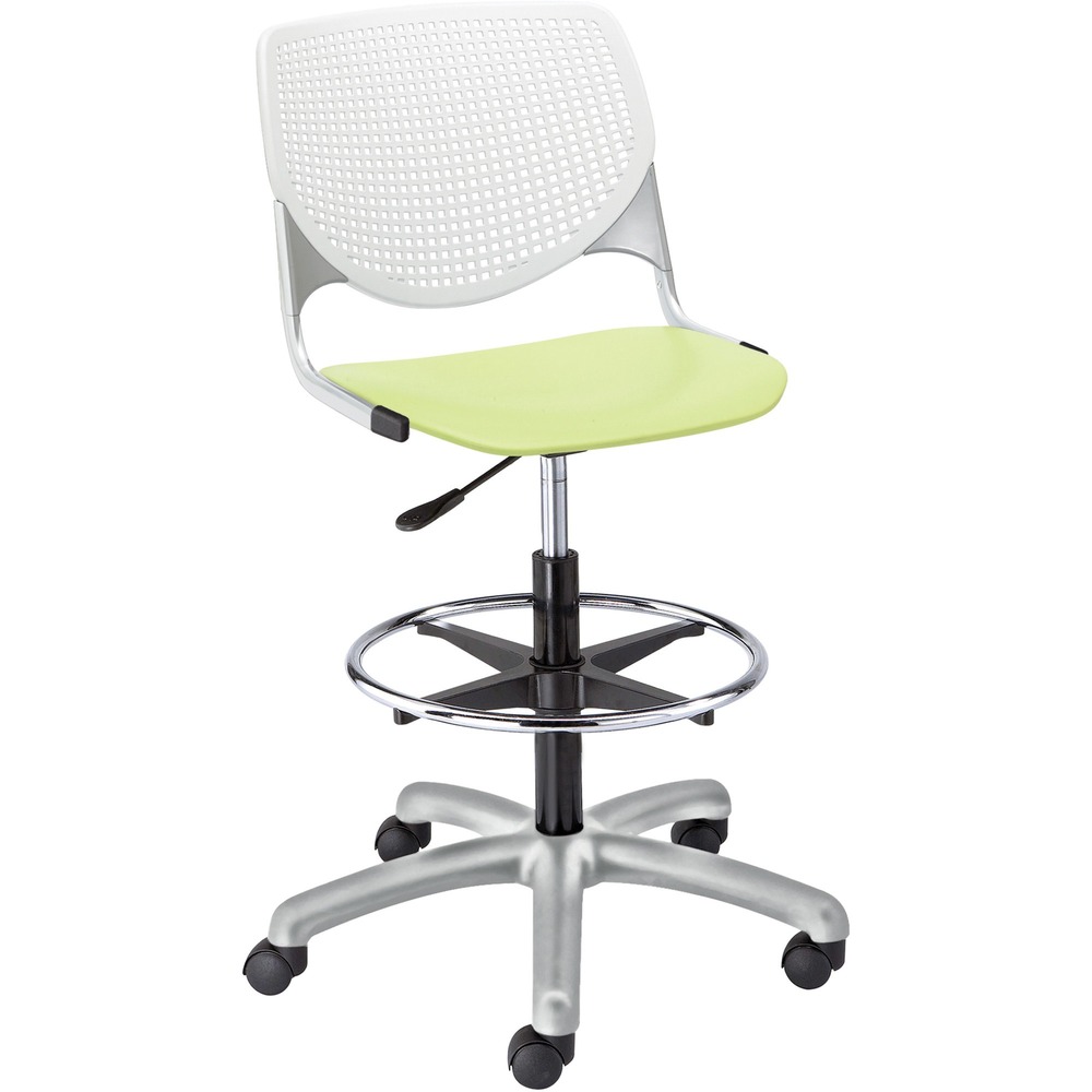 KFIDS2300B8S14 - Kool Task Stool with color-contrasting, polypropylene back and seat adds flair and comfort to any space. Ergonomic, perforated back offers an attractive design that enhances circulation and airflow. Radius conforms to your back for maximum comfort. The 12-gauge frame with 16-gauge, tubed steel provides a secure, supportive base for optimal longevity. Chair swivels 360 degrees for maximum movement. Pneumatic gas lift raises or lowers chair for optimal height options. Adjustable, chrome footring provides comfort in a relaxed position. Five-star base includes hooded, dual-wheel casters for easy mobility.