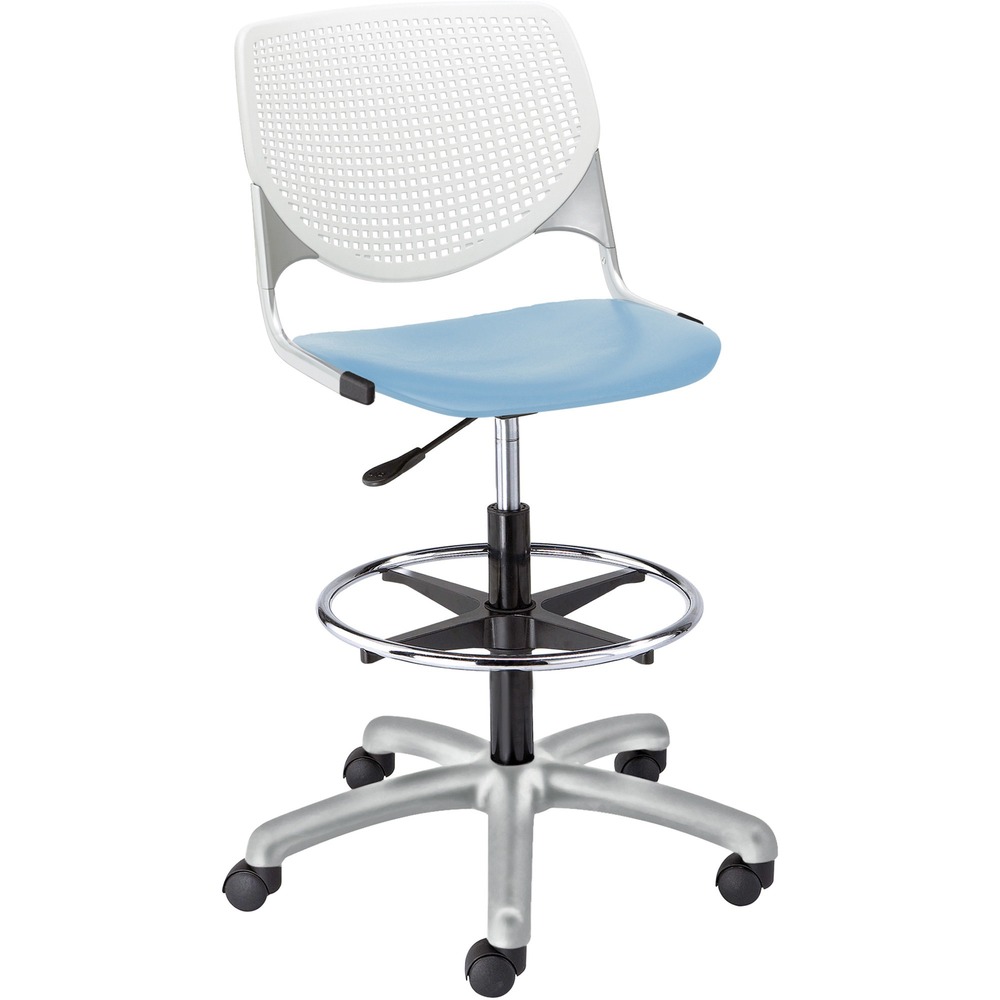 KFIDS2300B8S35 - Kool Task Stool with color-contrasting, polypropylene back and seat adds flair and comfort to any space. Ergonomic, perforated back offers an attractive design that enhances circulation and airflow. Radius conforms to your back for maximum comfort. The 12-gauge frame with 16-gauge, tubed steel provides a secure, supportive base for optimal longevity. Chair swivels 360 degrees for maximum movement. Pneumatic gas lift raises or lowers chair for optimal height options. Adjustable, chrome footring provides comfort in a relaxed position. Five-star base includes hooded, dual-wheel casters for easy mobility.