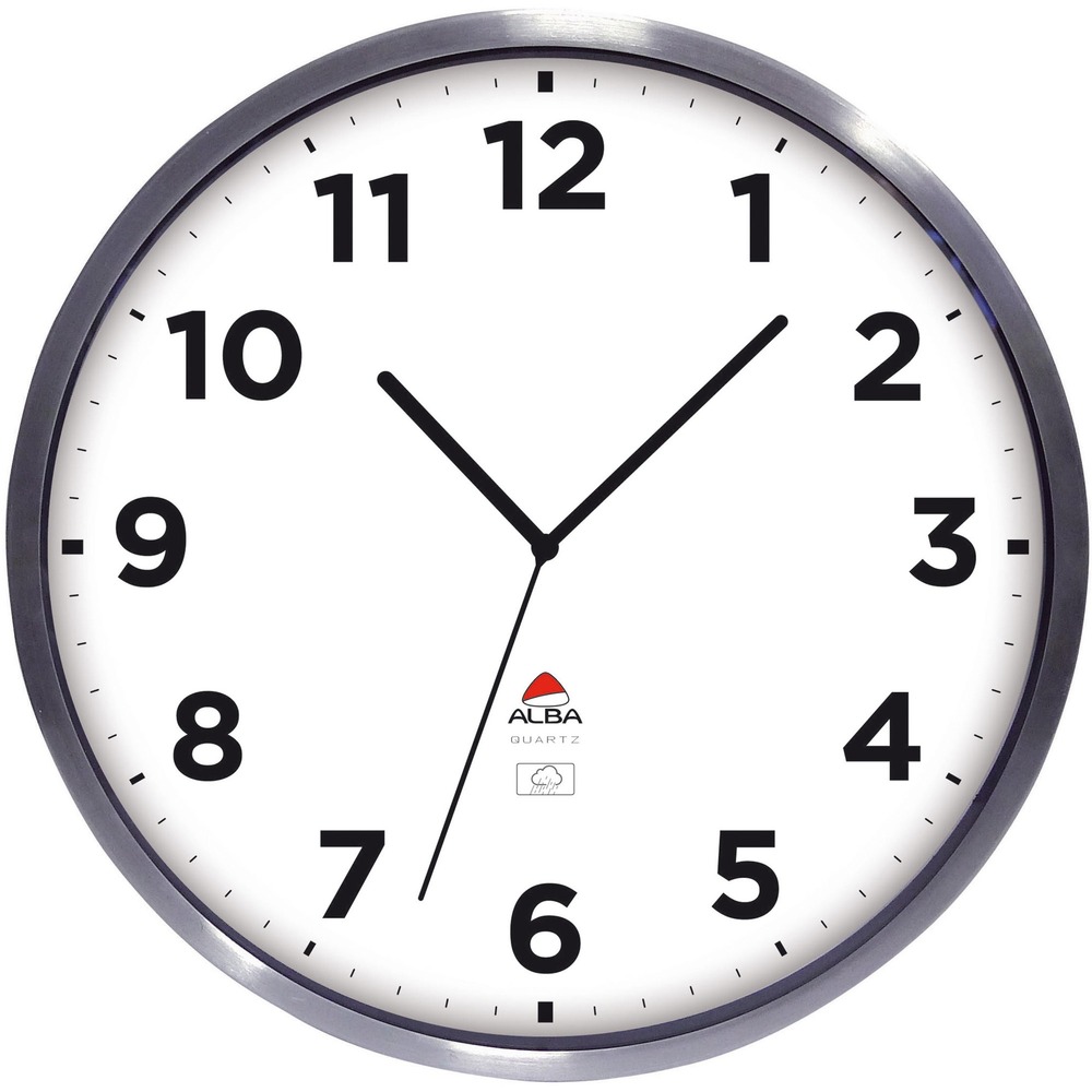 ABAHOREXTRA - Outdoor Quartz Wall Clock features a ultra-resistant design for easy reading of the time and adaptability to all outdoor spaces. Stainless steel frame and glass lens ensure very good resistance to the elements. Practical, the wall clock has large black numbers (1" high) on a white background. Quartz mechanism ensures the two hands and its second hand moves precisely and silently. This clock is resistant to water, cold and heat from 14 to 104 degrees Fahrenheit (-10 to 40 degrees Celsius). Clock runs on two AA batteries.