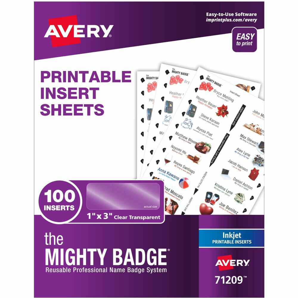 AVE71209 - Create additional name badges for the Mighty Badge by Avery Professional Reusable Name Badge System with these customizable insert sheets. This refill pack includes five crystal-clear insert sheets with 20 inserts on each sheet for a total of 100 translucent inserts. Simply personalize the insert, print on an inkjet printer and replace to create a new custom ID badge. Insert sheets can be fed through the printer multiple times so you can print individual inserts as needed or the entire sheet at once. Nonadhesive inserts are easy to peel off from the sheet. The 1" x 3" personalized name badges (sold separately) are easy to assemble. More from the Manufacturer