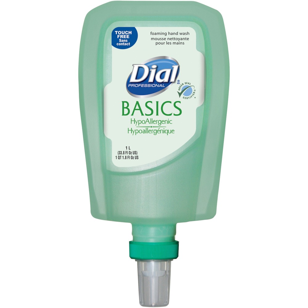 DIA16722 - Basics Foam Handwash Refill is especially designed for the Dial FIT Touch-free Dispenser. Dermatologist-tested, hypoallergenic formula contains moisturizers to help soften and soothe hands. It is perfect for any commercial setting. Clean Tip Technology cleans the pump tip after each use to minimize drip risk.