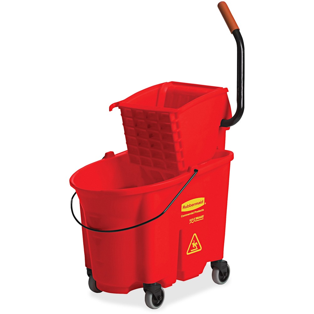 RCP758888RD - WaveBrake mop bucket and wringer system reduces splashing, which means a safer environment, cleaner floors and improved productivity. High capacity is made for the largest commercial cleaning jobs. Wringer system lasts 58 times longer than comparative wringers. High-efficiency side press wringer has been tested to exceed 200,000 wringing cycles. Mop bucket/wringer system is made of premium tubular steel and structural web-molded plastic. Foot-pedal water evacuation is conveniently located, with no lifting required, for worker well-being. Dirty water bucket is sold separately.