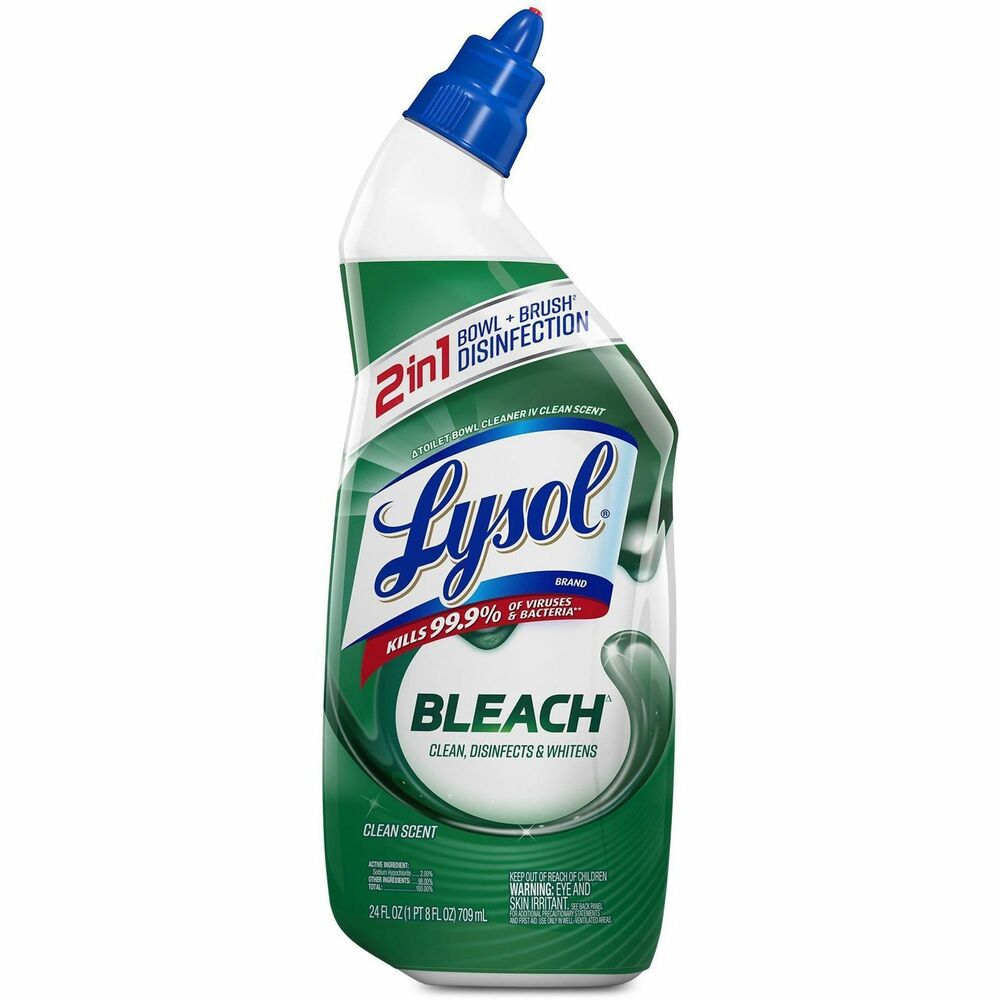 RAC98014 - Brighten your facility's toilets with Lysol Toilet Bowl Cleaner with Bleach that cleans, disinfects and whitens. Give cleaning crews a formula that powers through rust, organic stains and limescale without harming plumbing or septic systems. Cleaner kills 99.9 percent of bacteria and viruses, including Salmonella, Staphylococcus aureus and Rotavirus WA, when used as directed on hard, nonporous surfaces. Angle-neck bottle produces effective cleaning action to target and remove tough-to-reach stains. Deliver a positive restroom experience for guests at your facility with a powerful, brightening clean.