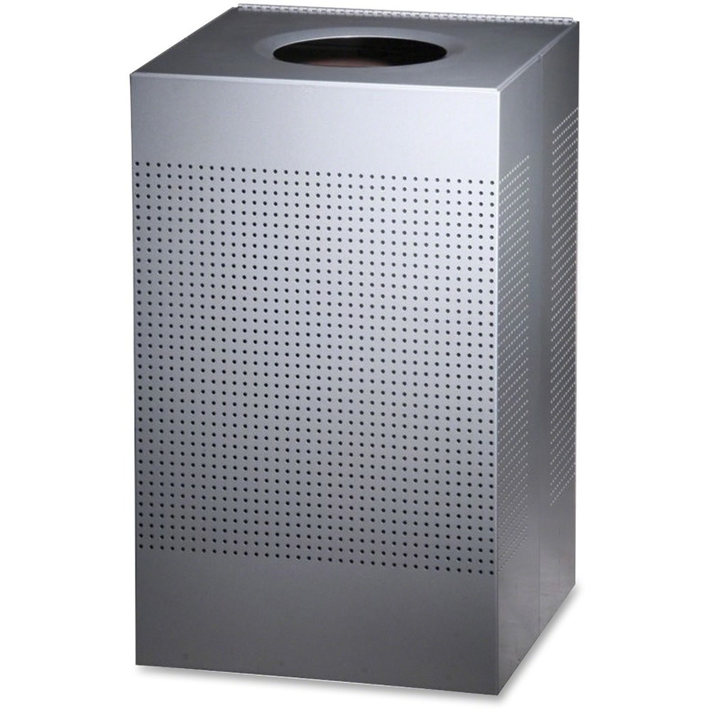 RCPSC18EPLSM - Sleek Silhouettes Decorative Square Indoor Waste Container features a contemporary perforated pattern designed to seamlessly and beautifully blend with modern facilities and environments. It is made from heavy-gauge, fire-safe steel with the lid fastened to the receptacle, making waste collection faster and more convenient. Leg levelers provide stability on uneven surfaces. Leakproof rigid plastic liner (included) helps contain liquids and keep the surrounding area cleaner. Folding retainer bands securely hold liner bags in place and out of sight. The 20-gallon receptacle in Stardust Silver Metallic arrives fully assembled, making setup fast and easy.