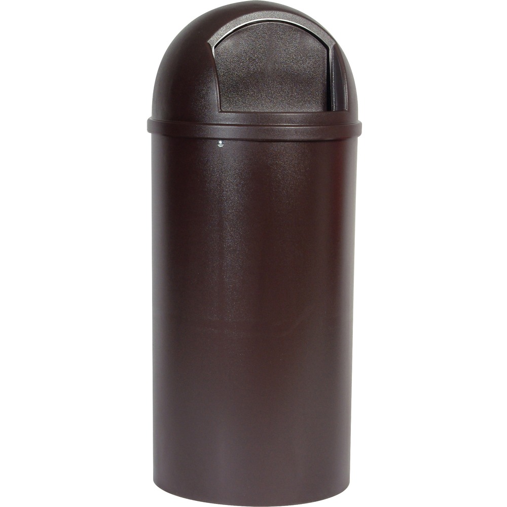 RCP817088BRO - Marshal Classic Container combines practical good looks with fire safety. Factory Mutual approved waste receptacle is designed for indoor and protected outdoor environments such as atriums and indoor pools. Textured finish helps minimize appearance of surface scratches. Rugged construction resists dents and scratches. Domed top and hinged door allow easy emptying. Retainer hardware secures and conceals can liners. Capacity is 25 gallons.