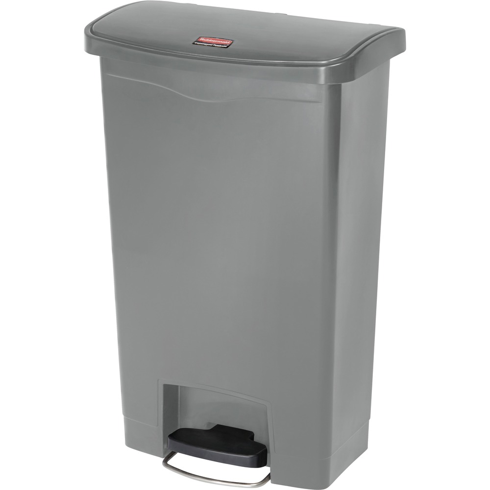 RCP1883602 - Slim Jim Step-On Container features a slim profile and small footprint to fit in tightest spaces. It is made with premium-quality materials and meets the needs of any environment with efficiency, safety and durability. Step-on container is perfect for hands-free garbage disposal indoors and holds up to 13 gallons. Increased foot pedal clearance provides easier access and operation. Pedal is located in the front. Internal hinge design prevents wall damage. Quiet, controlled lid closure minimizes noise to enhance guest and patient satisfaction. Liner retainer band easily and securely holds polyliners. Smooth surfaces and contoured edges are easy to clean. Slim Jim Step-On Utility Container is also factory mutual certified to ensure fire safety for regulatory compliance and meets OSHA and OBRA standards for worker and environmental safety.