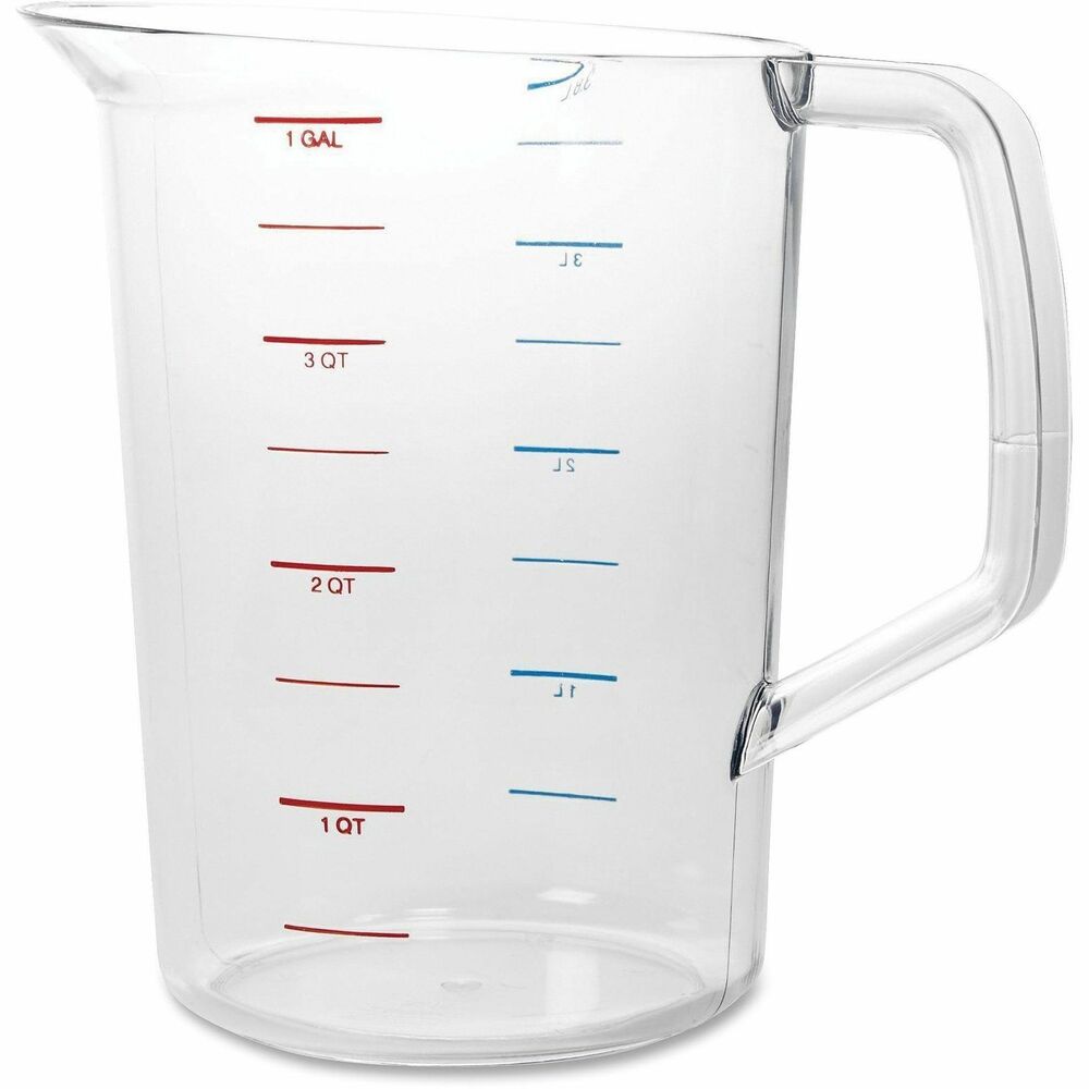 RCP3218CLE - Take the guesswork out of portion control with long-lasting, colorful measurement markings on this Bouncer Measuring Cup that holds 4 quarts. One side is marked in red in ounces and divisions of a cup. The other side is marked in blue in milliliters. Break-resistant polycarbonate measuring cup is clear for fast, easy identification of contents. It can withstand temperature from negative 40 degrees Fahrenheit/40 degrees Celsius up to 212 degrees Fahrenheit/100 degrees Celsius. Convenient handle makes it easy to pour or scoop.