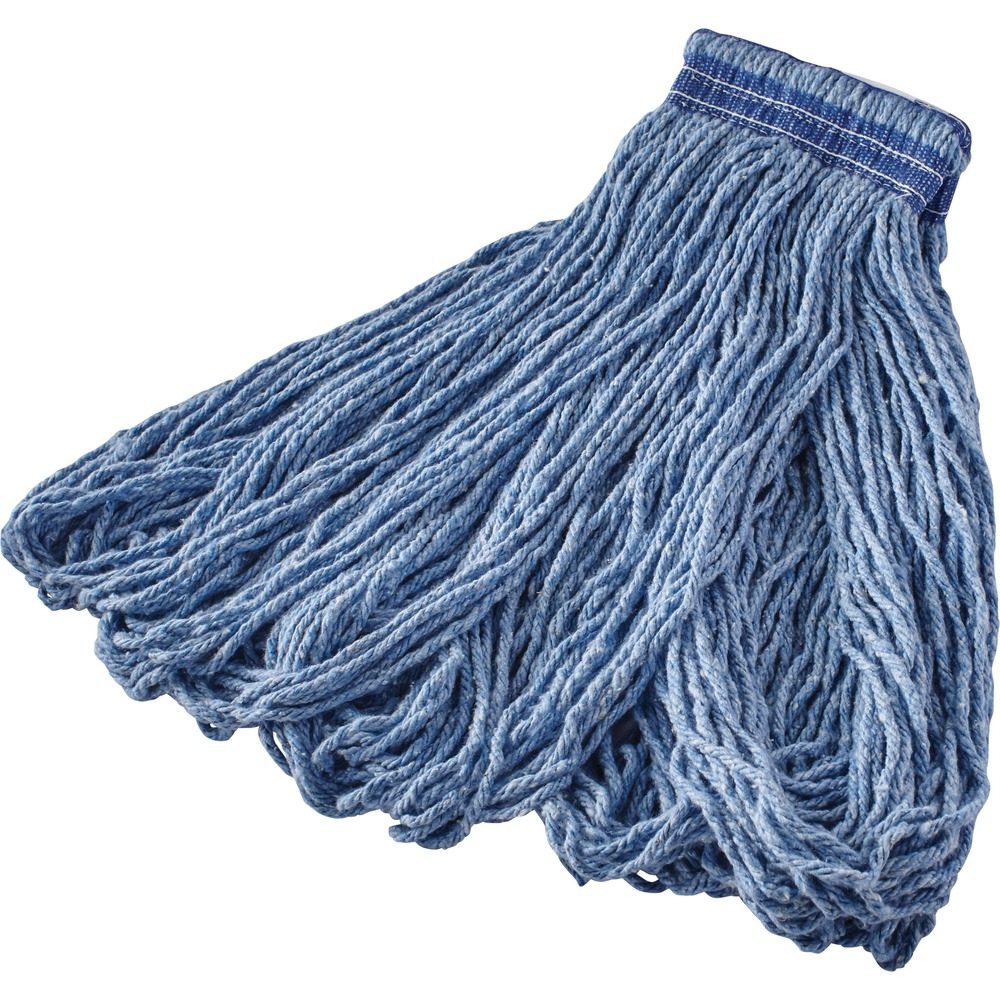 RCPE238 - Universal Headband Blue Blend Mop is excellent for general cleaning and is made of a high percentage of recycled content. Cotton/synthetic yarn blend offers almost twice the absorbency of cotton. Woven headband prohibits moisture-retention for longer product life. Looped ends reduce fraying associated with cut-end mops. Universal headband fits both side-loading and clamp-style handles. Design of the 24 oz. all-purpose mophead also allows limited launderability or handwashing up to 50 launderings.