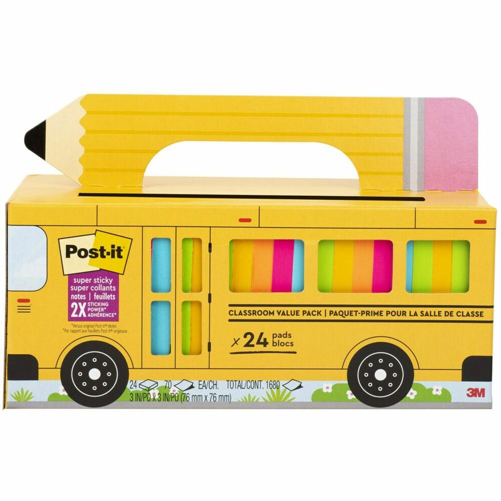 MMM65424SSBUS - This Bus Cabinet Pack of Post-it Super Sticky Notes is perfect for classroom organization and management as well as curriculum enrichment. Students and teachers alike will enjoy the variety of bright colors. This big pack comes in a fun carrying case which also makes it a great classroom gift. Use for notes or reminders on doors, windows or walls. Unique adhesive reliably sticks and re-sticks so your message can stay front and center. Move your notes with you throughout the day. Bright colors of orange, green, yellow, pink and blue help you message stand out. Bus Cabinet Pack includes 24 pads with 70 sheets each.