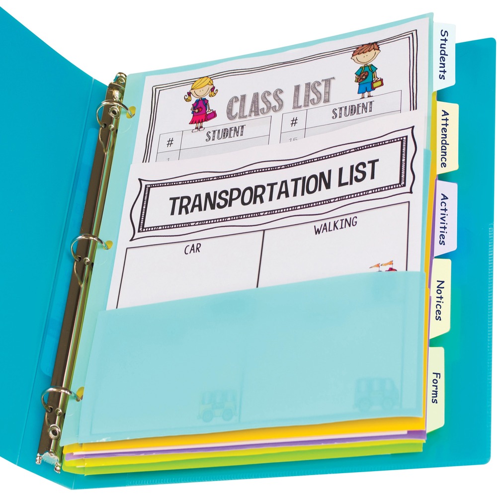 CLI07650 - Multi-Pocket Index Dividers not only create information sections within the binder, but they add more storage space for loose papers. That eliminates the search through the entire binder for frequently used documents in your sections. Use the acid-free polypropylene dividers to store up to letter-size documents and smaller. Write-on index tabs allow you to instantly categorize your binder and label each section to make it easy to reference. Use a pencil, ballpoint pen or permanent marker to label each tab. Each three-hole punched divider features two pockets, making it possible to organize pages, business cards and more. Bright color assortment includes green, orange, purple, turquoise and yellow.