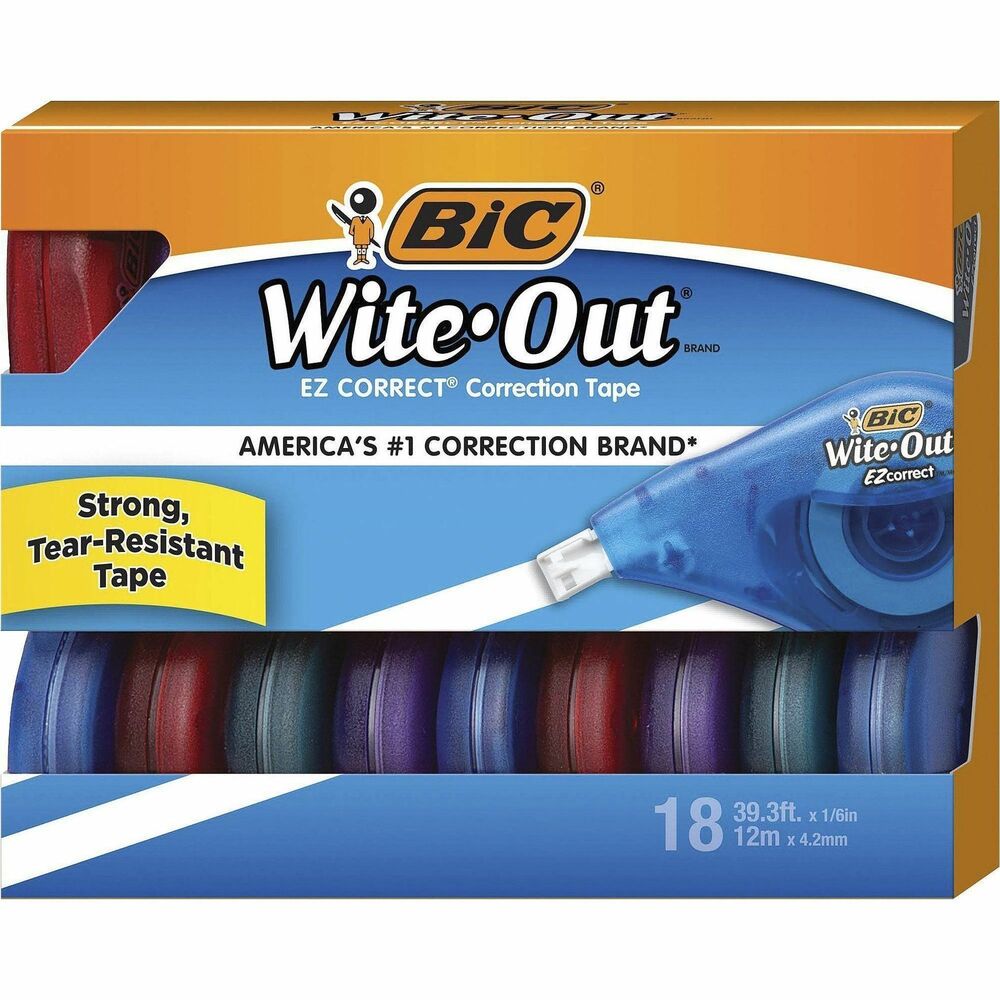 BICWOTAP18 - Wite-Out Correction Tape is fast, clean and easy to use. Single line goes on dry. Correct mistakes instantly with no drying time. Correction tape covers photocopies, faxes, ink, permanent marker and more. Translucent body provides visible tape supply. No drips. No odor. No photocopy shadows. Film-based tape resists tearing. Tip guides help prevent looping.