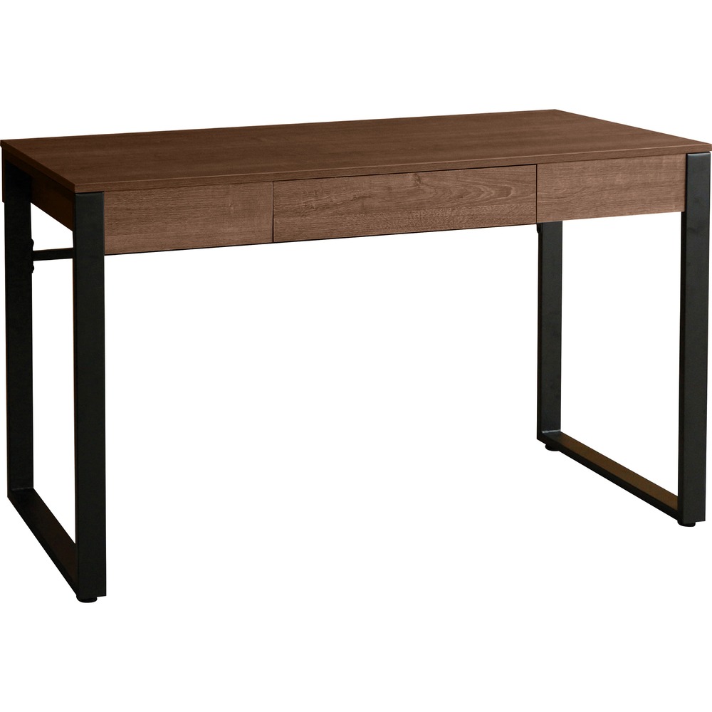 LLR97617 - Outfit your office with this modern desk. Part of the Lorell SOHO Collection, it is the perfect size for your small office or home office. This desk includes a Walnut laminate top with PVC edgebanding and one center drawer. Sturdy steel sled base is powder-coated for durability and includes leveling feet guides for stability. Desk meets BIFMA standards. More from the Manufacturer